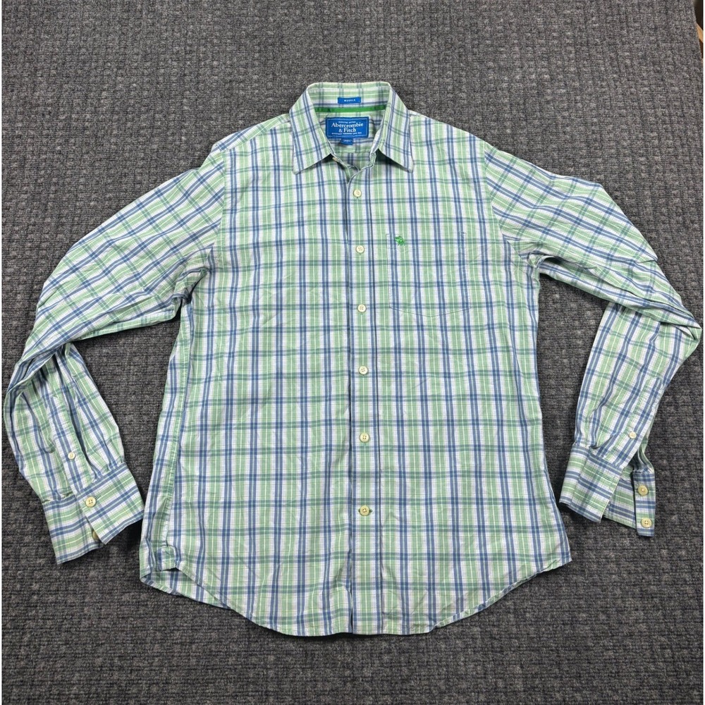 Abercrombie & Fitch Muscle Fit Plaid Button Down Shirt XL Green Blue Long Sleeve